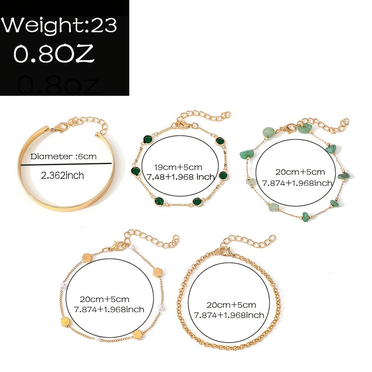 סט צמידים פתוחים עם טבעות ברזל 5-Pack עם אבני ריינסטון ירוקות ושילוב מזויף, מתנה אלגנטית וינטאג' לחגים, חופשות, לבוש יומיומי, צמידים שניתן לערום
