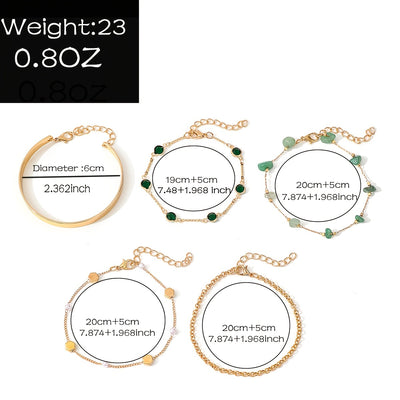 סט צמידים פתוחים עם טבעות ברזל 5-Pack עם אבני ריינסטון ירוקות ושילוב מזויף, מתנה אלגנטית וינטאג' לחגים, חופשות, לבוש יומיומי, צמידים שניתן לערום